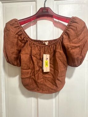 Rust Brown Puff-Sleeve Off-Shoulder Crop Top